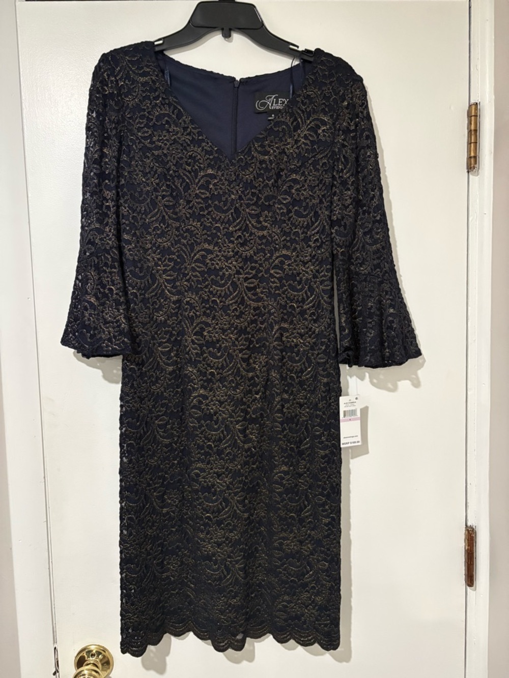Alex Evenings Navy and Gold Lace Sheath Dress